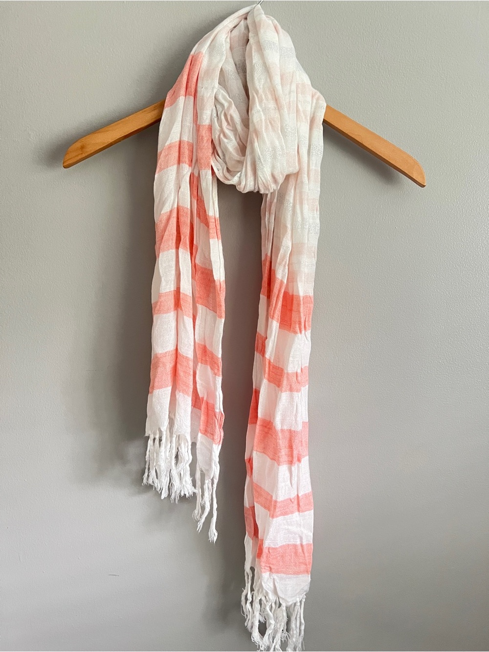 White and Coral Stripe Fringe Scarf — Lightweight Summer Wrap